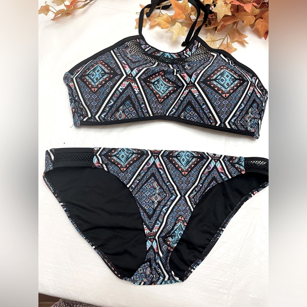 Two Piece Bikini by Tinibikini in a Blue & White diamond pattern. Size Large.